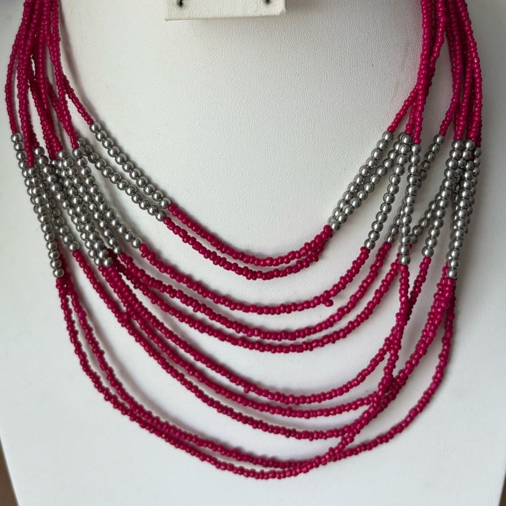 Chic Fuchsia and Silver Tone Layered Necklace